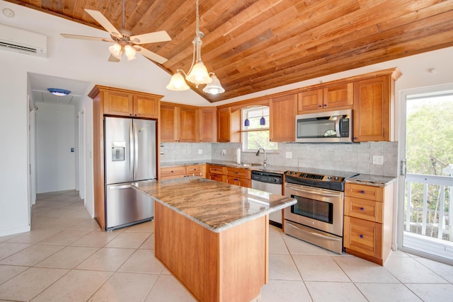 681 Indies Dr, Ramrod, FL 33042 - kitchen with appliances with stainless steel finishes, wooden ceiling, a wall unit AC, lofted ceiling, and light stone counters