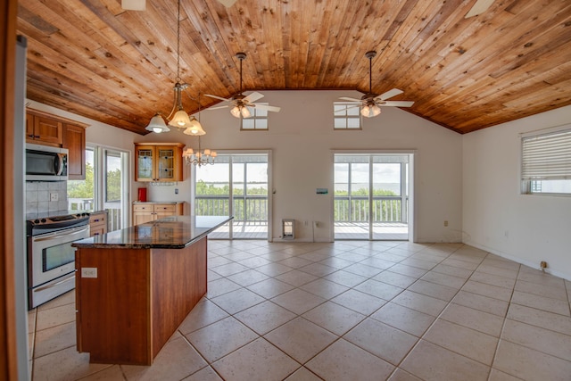 681 Indies Dr, Ramrod, FL 33042 - kitchen featuring appliances with stainless steel finishes, ceiling fan, light tile patterned flooring, wood ceiling, and a chandelier