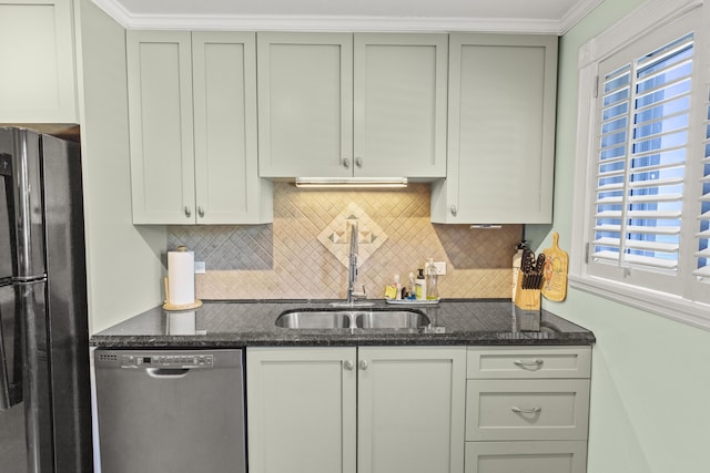 1215 97th St Unit 2, Marathon, FL 33050 - kitchen with dishwasher, freestanding refrigerator, a sink, decorative backsplash, and dark stone countertops