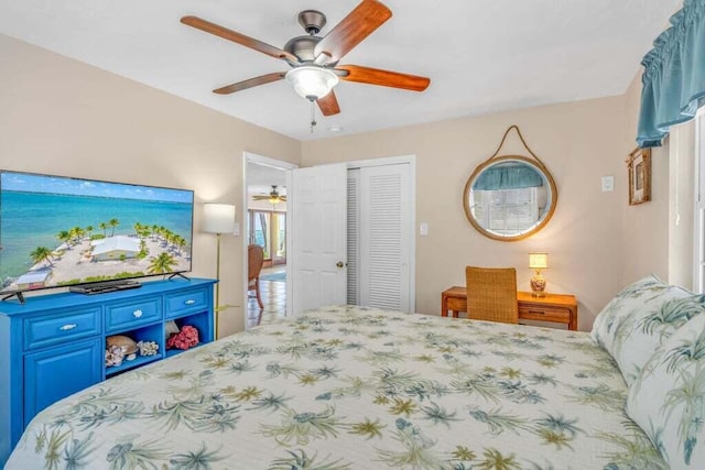 bedroom with a ceiling fan and a closet