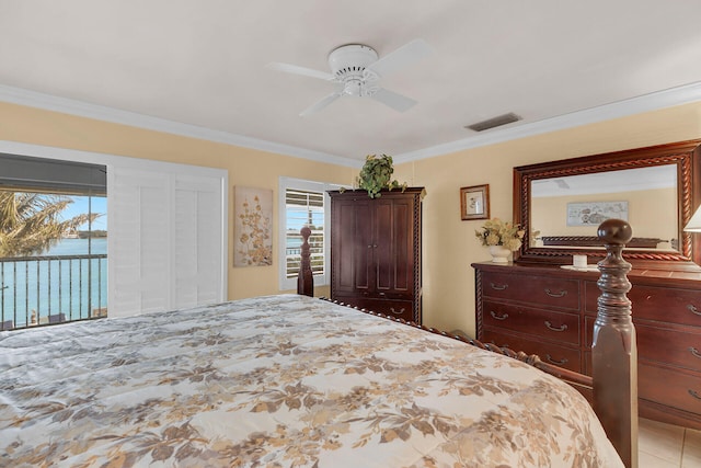 bedroom with a water view, visible vents, ornamental molding, a ceiling fan, and access to outside