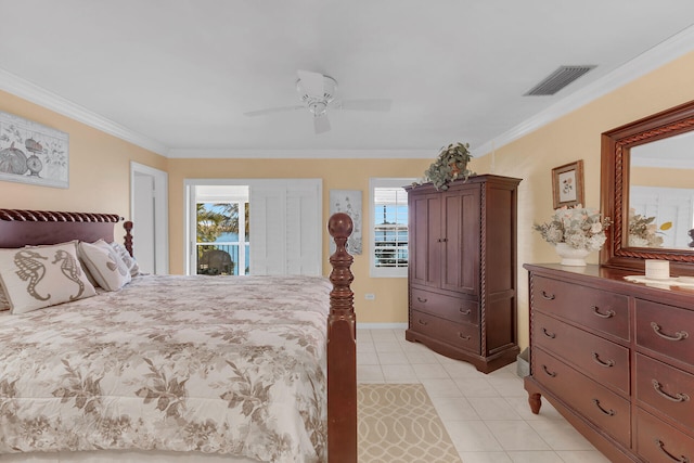 bedroom featuring ceiling fan, multiple windows, visible vents, and crown molding