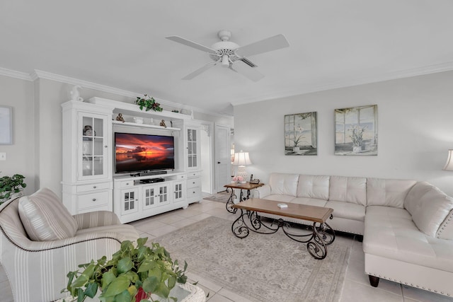 living area featuring light tile patterned floors, ceiling fan, and crown molding