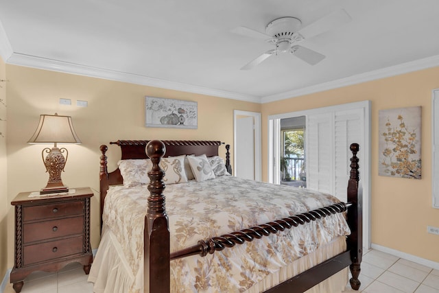 bedroom with light tile patterned floors, ceiling fan, baseboards, and crown molding