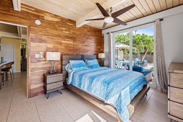 280 100th St, Ocean, Marathon, FL 33050 - bedroom with access to outside, wood walls, wood ceiling, and light tile patterned floors