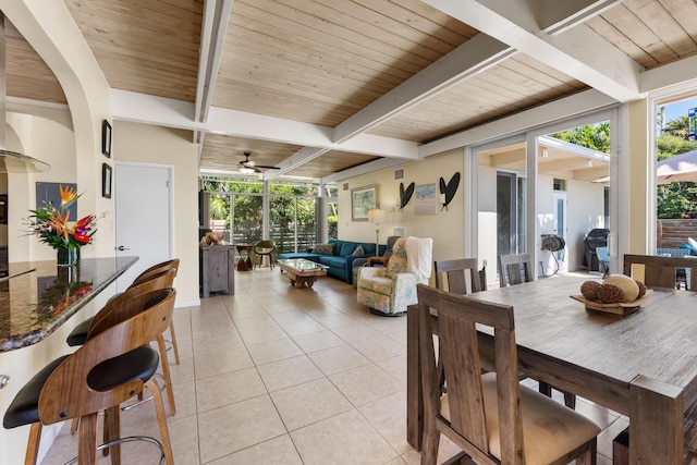 280 100th St, Ocean, Marathon, FL 33050 - dining space featuring beamed ceiling, ceiling fan, wooden ceiling, and light tile patterned floors