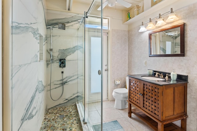 280 100th St, Ocean, Marathon, FL 33050 - full bathroom featuring tile walls, ceiling fan, and a marble finish shower