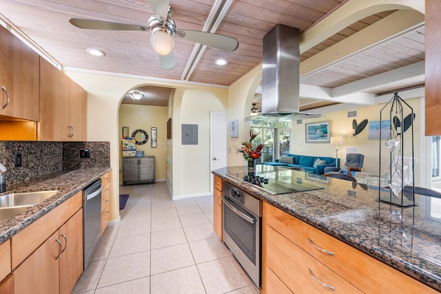 280 100th St, Ocean, Marathon, FL 33050 - kitchen featuring open floor plan, ceiling fan, wooden ceiling, island exhaust hood, and stainless steel appliances