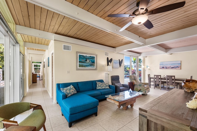 280 100th St, Ocean, Marathon, FL 33050 - living room featuring light tile patterned flooring, beam ceiling, a ceiling fan, wooden ceiling, and visible vents