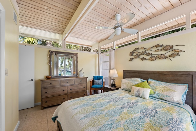 280 100th St, Ocean, Marathon, FL 33050 - tiled bedroom featuring wood ceiling, baseboards, beamed ceiling, and ceiling fan
