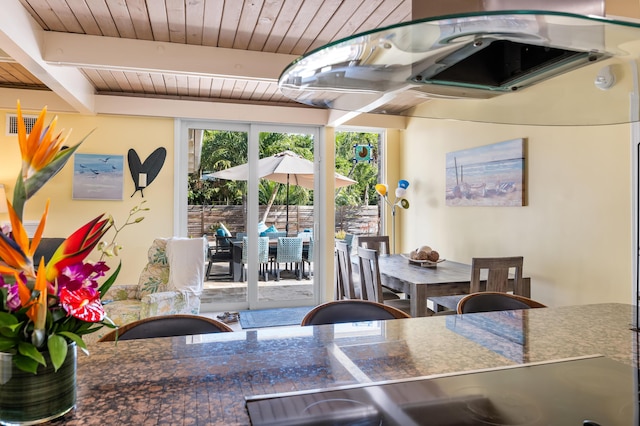 280 100th St, Ocean, Marathon, FL 33050 - dining area with wood ceiling, beamed ceiling, and visible vents