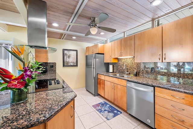 280 100th St, Ocean, Marathon, FL 33050 - kitchen with ceiling fan, tasteful backsplash, island exhaust hood, a sink, and appliances with stainless steel finishes