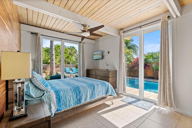 280 100th St, Ocean, Marathon, FL 33050 - bedroom featuring wood ceiling, access to outside, beamed ceiling, and tile patterned floors