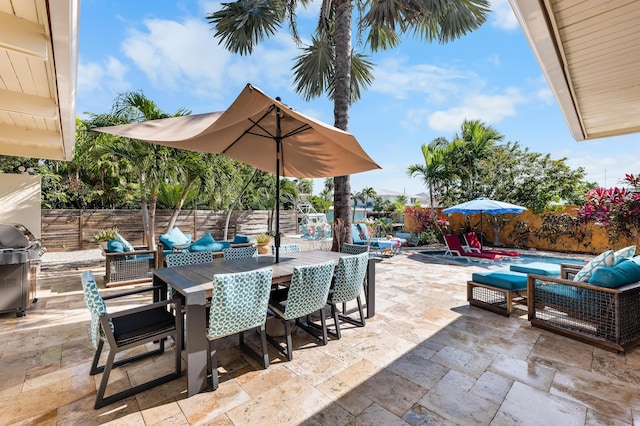 280 100th St, Ocean, Marathon, FL 33050 - view of patio featuring a fenced backyard, a swimming pool, outdoor dining area, and outdoor lounge area