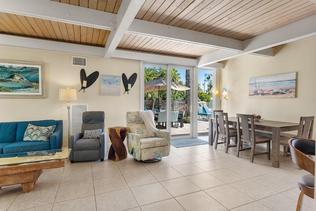 280 100th St, Ocean, Marathon, FL 33050 - living room with wood ceiling, beamed ceiling, light tile patterned flooring, and visible vents