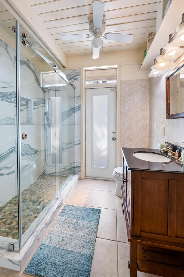 280 100th St, Ocean, Marathon, FL 33050 - full bath with a ceiling fan, a marble finish shower, tile patterned flooring, and vanity