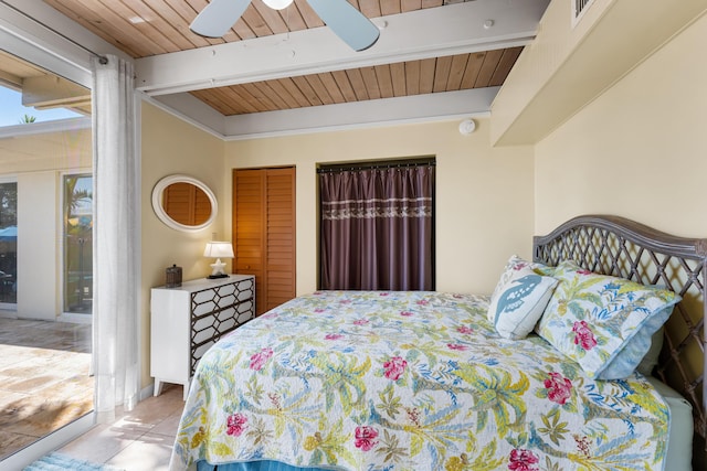 280 100th St, Ocean, Marathon, FL 33050 - bedroom featuring ceiling fan, visible vents, wooden ceiling, beamed ceiling, and access to outside