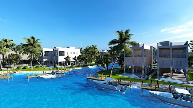view of swimming pool featuring a yard