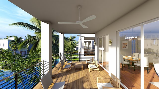 exterior space featuring ceiling fan