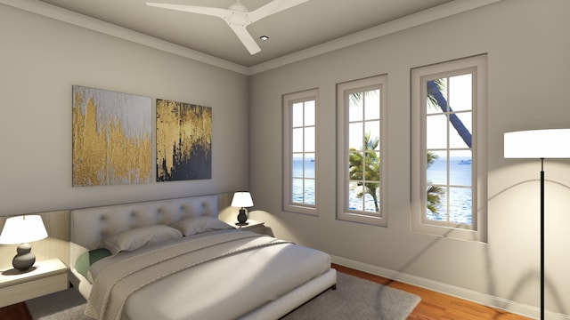 bedroom featuring crown molding, baseboards, multiple windows, and wood finished floors
