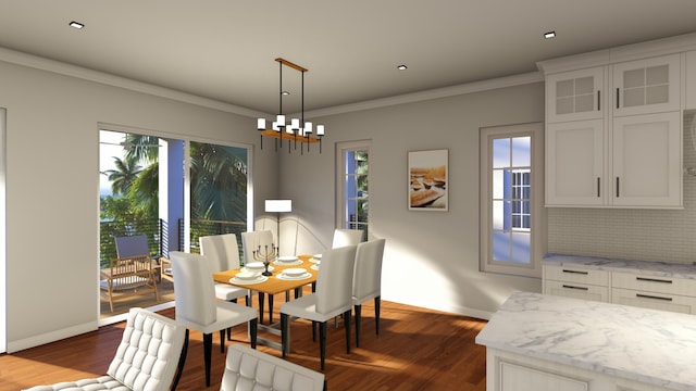 dining room with dark wood finished floors, baseboards, and a notable chandelier