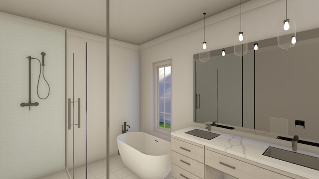 bathroom featuring a freestanding tub, double vanity, a sink, and a tile shower