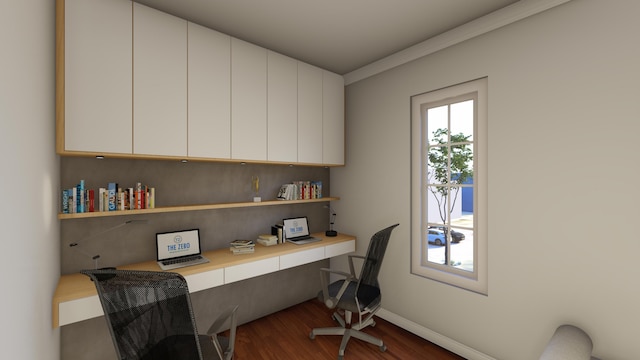 home office featuring built in study area, plenty of natural light, baseboards, and dark wood finished floors