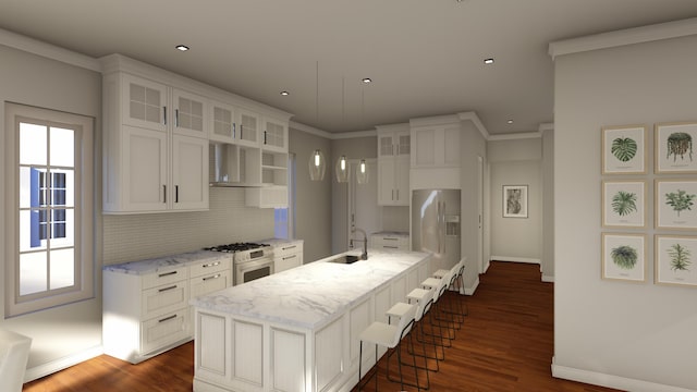 kitchen featuring gas range oven, stainless steel refrigerator with ice dispenser, crown molding, and dark wood finished floors