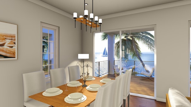 dining space featuring baseboards, dark wood-style floors, an inviting chandelier, and crown molding