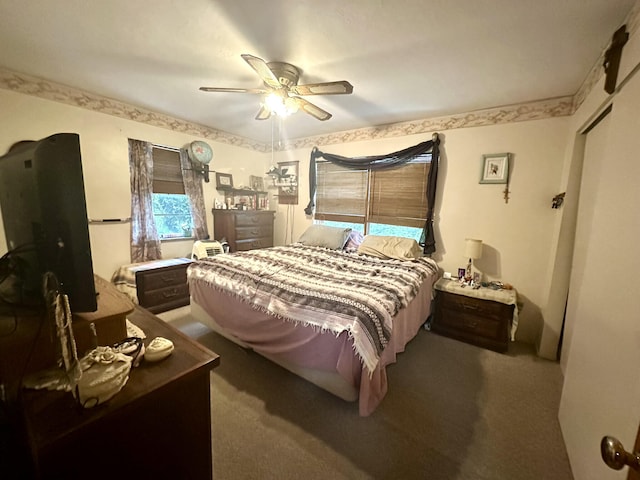 bedroom featuring carpet flooring and ceiling fan