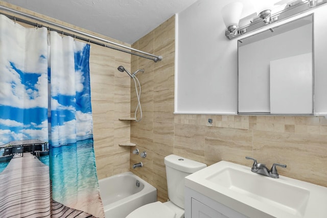 full bathroom featuring toilet, backsplash, tile walls, shower / bath combination with curtain, and vanity