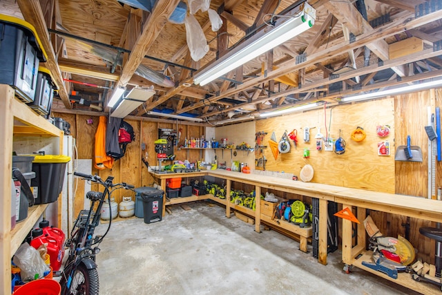 basement with a workshop area