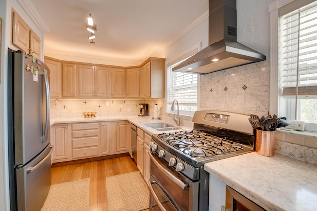 kitchen with appliances with stainless steel finishes, light brown cabinets, a sink, and wall chimney range hood