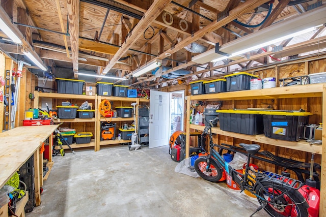 basement with a workshop area