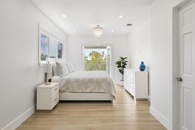 bedroom with visible vents, recessed lighting, light wood-style flooring, and baseboards