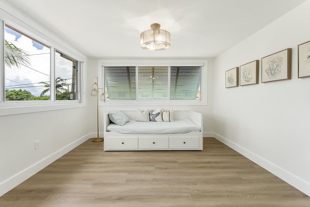 unfurnished room featuring light wood-type flooring and baseboards