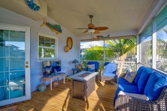 28560 Doubloon Rd, Little Torch, FL 33042 - sunroom with vaulted ceiling, ceiling fan, and an outdoor living space with a fire pit