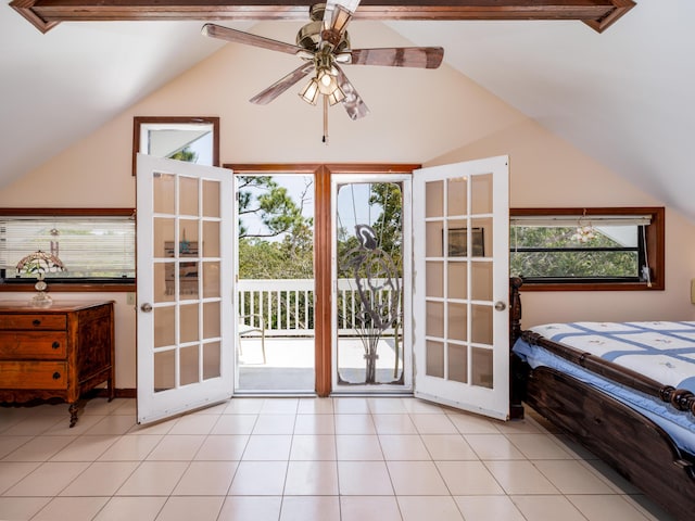 bedroom featuring lofted ceiling, access to outside, and light tile patterned floors