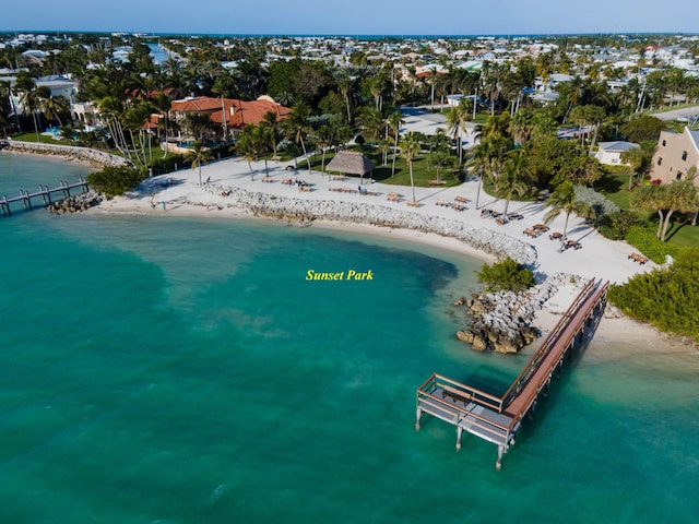 bird's eye view featuring a water view and a view of the beach