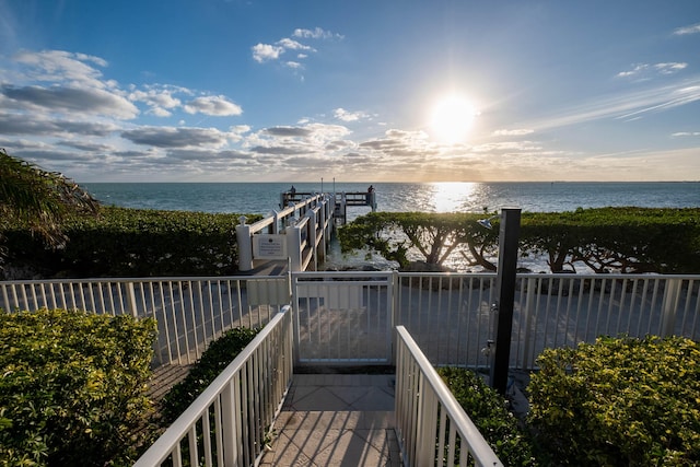 exterior space with a water view