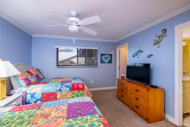 bedroom with baseboards, crown molding, and light colored carpet