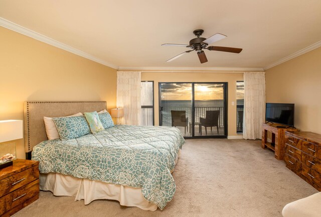 carpeted bedroom with a ceiling fan, access to outside, and crown molding