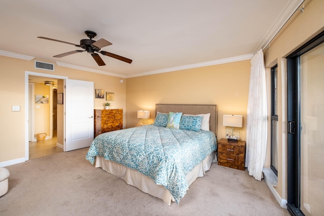 bedroom featuring baseboards, visible vents, a ceiling fan, light colored carpet, and crown molding