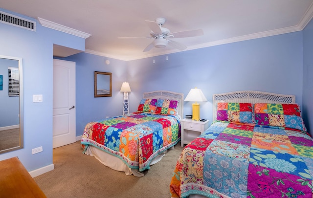 bedroom featuring light carpet, baseboards, visible vents, ceiling fan, and ornamental molding