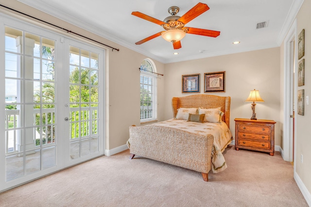 160 1st St, Key Colony, FL 33051 - bedroom featuring access to exterior, baseboards, carpet floors, ornamental molding, and recessed lighting