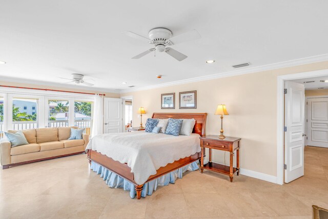 160 1st St, Key Colony, FL 33051 - bedroom with access to outside, baseboards, ornamental molding, light tile patterned flooring, and a ceiling fan