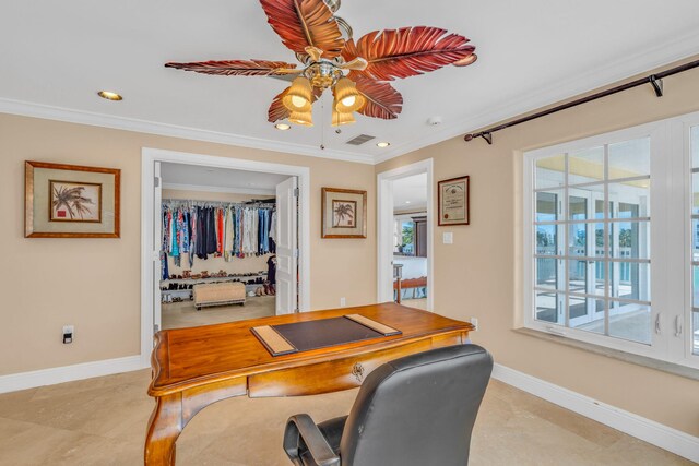 160 1st St, Key Colony, FL 33051 - office area featuring ornamental molding, a ceiling fan, baseboards, and recessed lighting