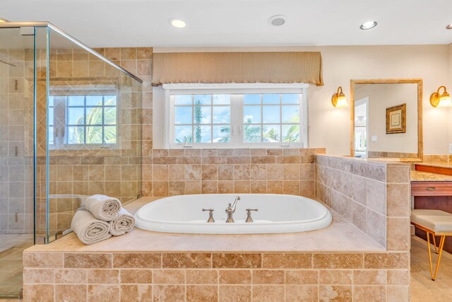 160 1st St, Key Colony, FL 33051 - full bathroom with a bath, plenty of natural light, tiled shower, vanity, and recessed lighting