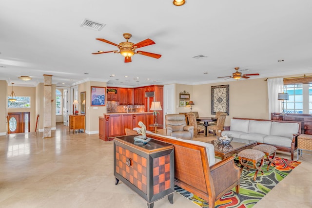 160 1st St, Key Colony, FL 33051 - living area with a ceiling fan, crown molding, recessed lighting, and baseboards