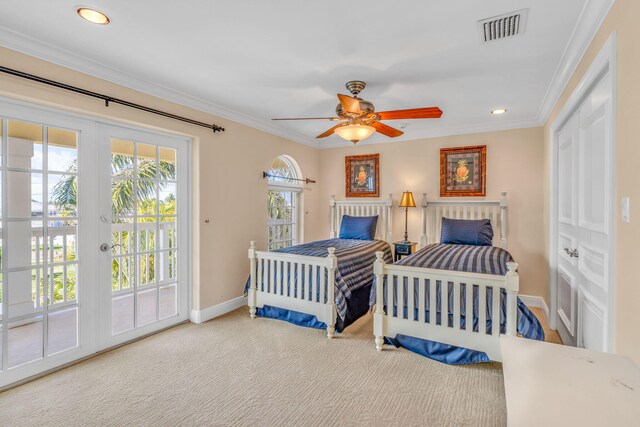 160 1st St, Key Colony, FL 33051 - carpeted bedroom with access to outside, baseboards, recessed lighting, ornamental molding, and a ceiling fan
